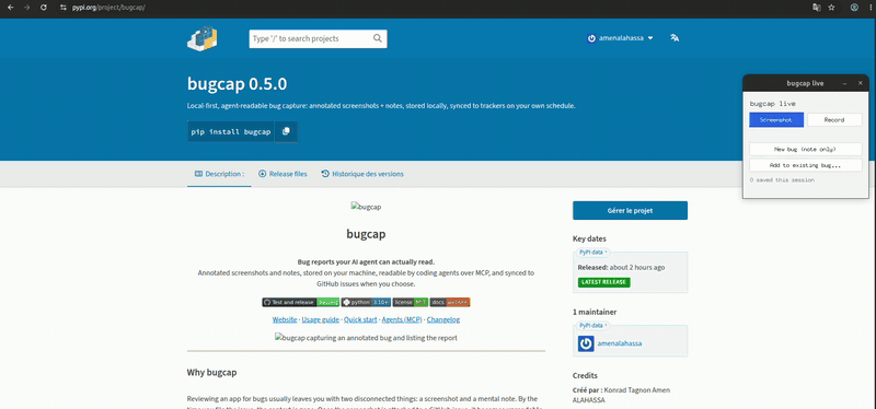 bugcap live: screenshot a broken page, file a bug with a note, then read it back with bugcap show